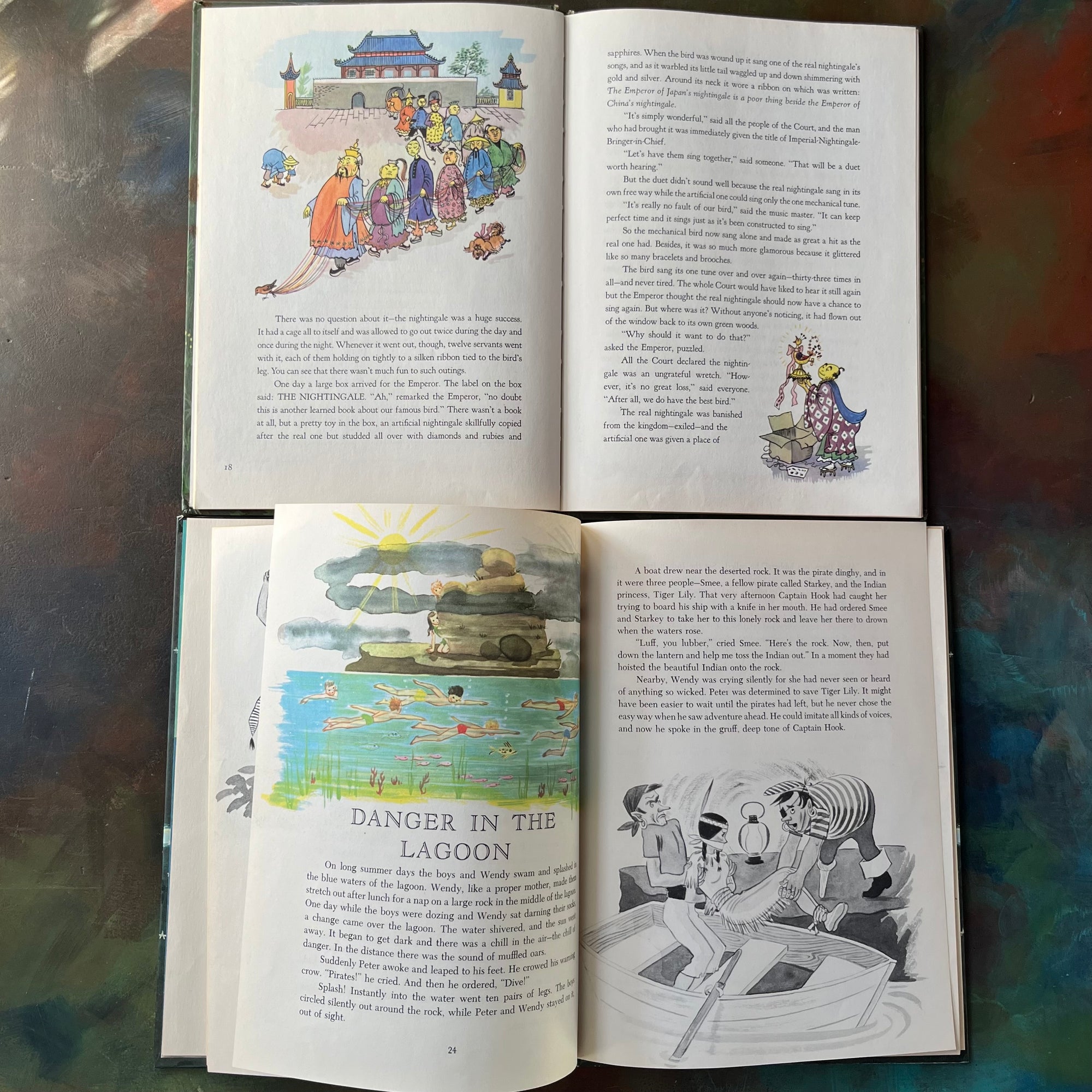 vintage children's picture books by Random House in oversized format:  Peter Pan written by J. M. Barrie and adapted by Phoebe Wilson with Illustrations by Ruth Wood & Andersen's Fairy Tales written by Hans Christian Andersen and Retold by Rose Dobbs with Illustrations by Gustav Hjortlund - view of the black & white as well as full color illustrations