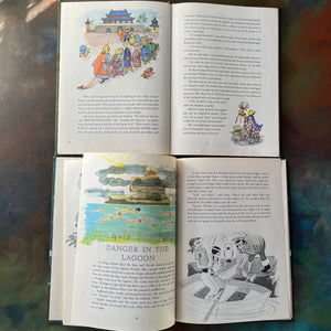 vintage children's picture books by Random House in oversized format:  Peter Pan written by J. M. Barrie and adapted by Phoebe Wilson with Illustrations by Ruth Wood & Andersen's Fairy Tales written by Hans Christian Andersen and Retold by Rose Dobbs with Illustrations by Gustav Hjortlund - view of the black & white as well as full color illustrations