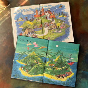 vintage children's picture books by Random House in oversized format:  Peter Pan written by J. M. Barrie and adapted by Phoebe Wilson with Illustrations by Ruth Wood & Andersen's Fairy Tales written by Hans Christian Andersen and Retold by Rose Dobbs with Illustrations by Gustav Hjortlund - view of the inside covers