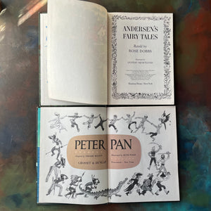 vintage children's picture books by Random House in oversized format:  Peter Pan written by J. M. Barrie and adapted by Phoebe Wilson with Illustrations by Ruth Wood & Andersen's Fairy Tales written by Hans Christian Andersen and Retold by Rose Dobbs with Illustrations by Gustav Hjortlund - view of the title pages - note the copyright date on Andersen's Fairy Tales