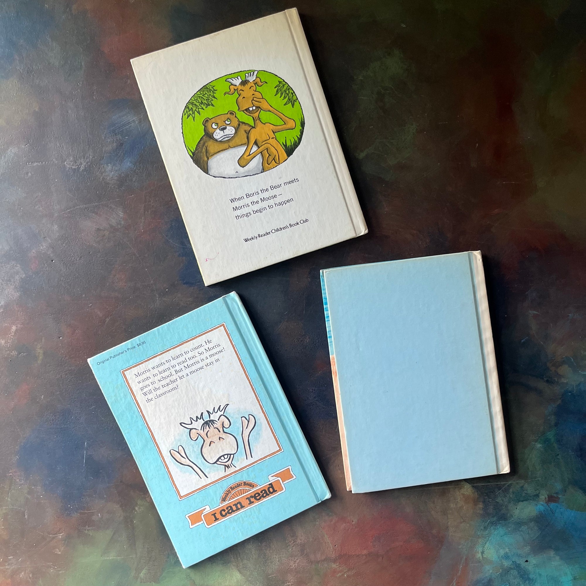 vintage children's picture books, An I Can Read Book Set -Morris the Moose Three Book Set story and illustrations by Bernard Wiseman - view of the back covers