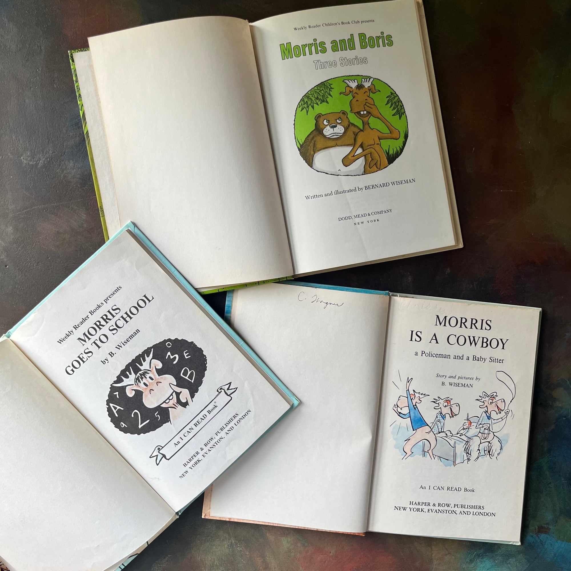 vintage children's picture books, An I Can Read Book Set -Morris the Moose Three Book Set story and illustrations by Bernard Wiseman - view of the title pages