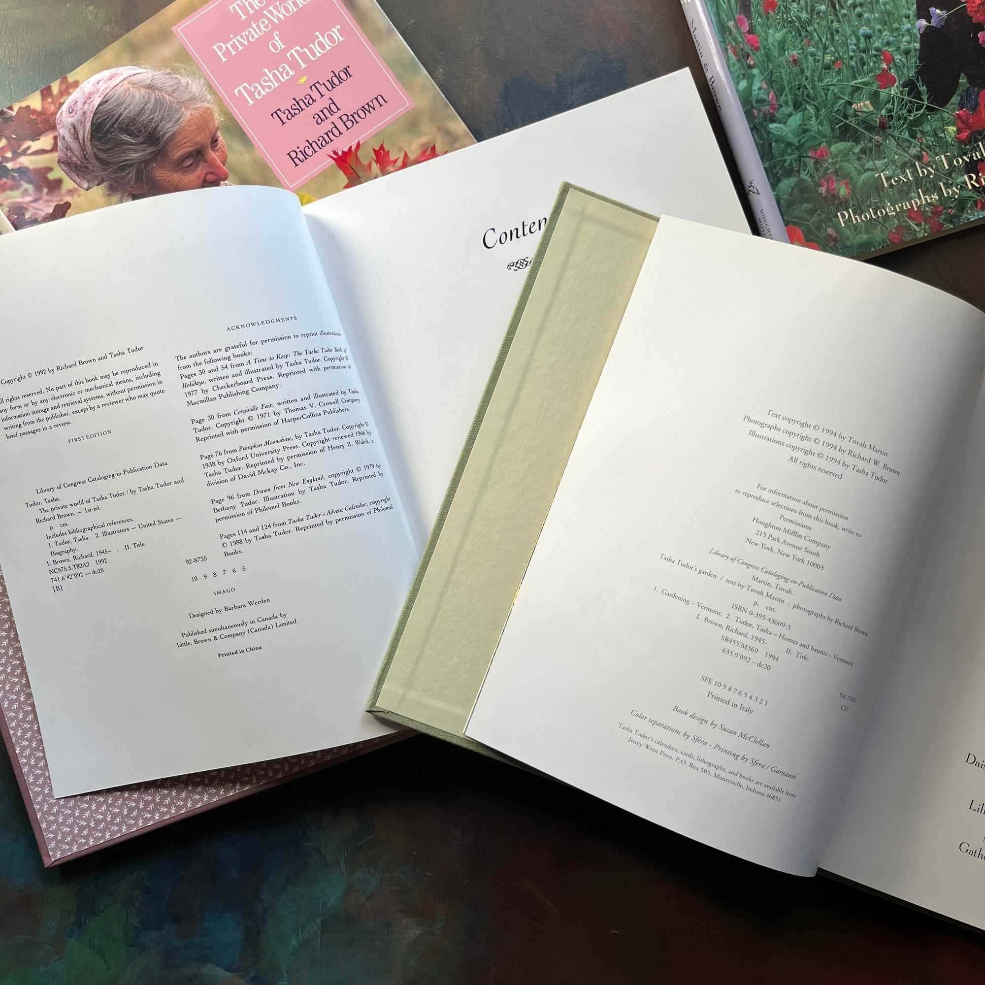 vintage gardening books-biographies of Tasha Tudor-Tasha Tudor's Garden by Tovah Martin with Photographs by Richard W. Brown-The Private World of Tasha Tudor-view of the copyright pages
