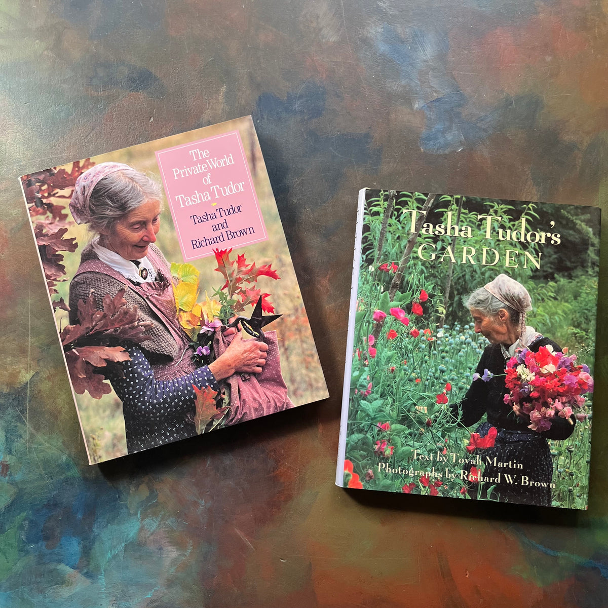 vintage gardening books-biographies of Tasha Tudor-Tasha Tudor's Garden by Tovah Martin with Photographs by Richard W. Brown-The Private World of Tasha Tudor-view of the dust jacket's front covers with photographs of Tasha Tudor on each