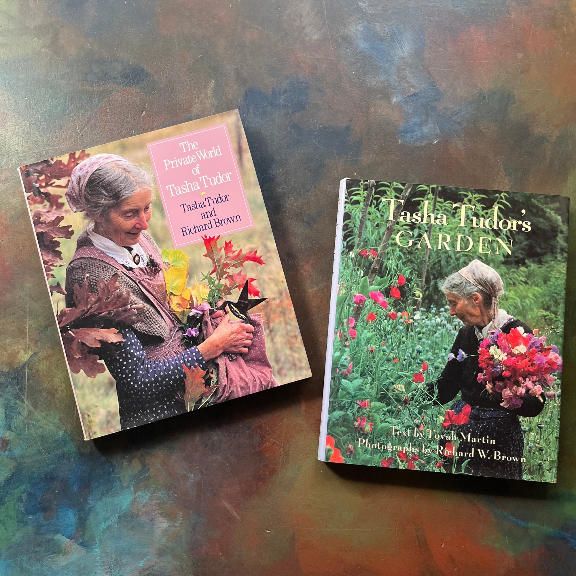 vintage gardening books-biographies of Tasha Tudor-Tasha Tudor's Garden by Tovah Martin with Photographs by Richard W. Brown-The Private World of Tasha Tudor-view of the dust jacket's front covers with photographs of Tasha Tudor on each