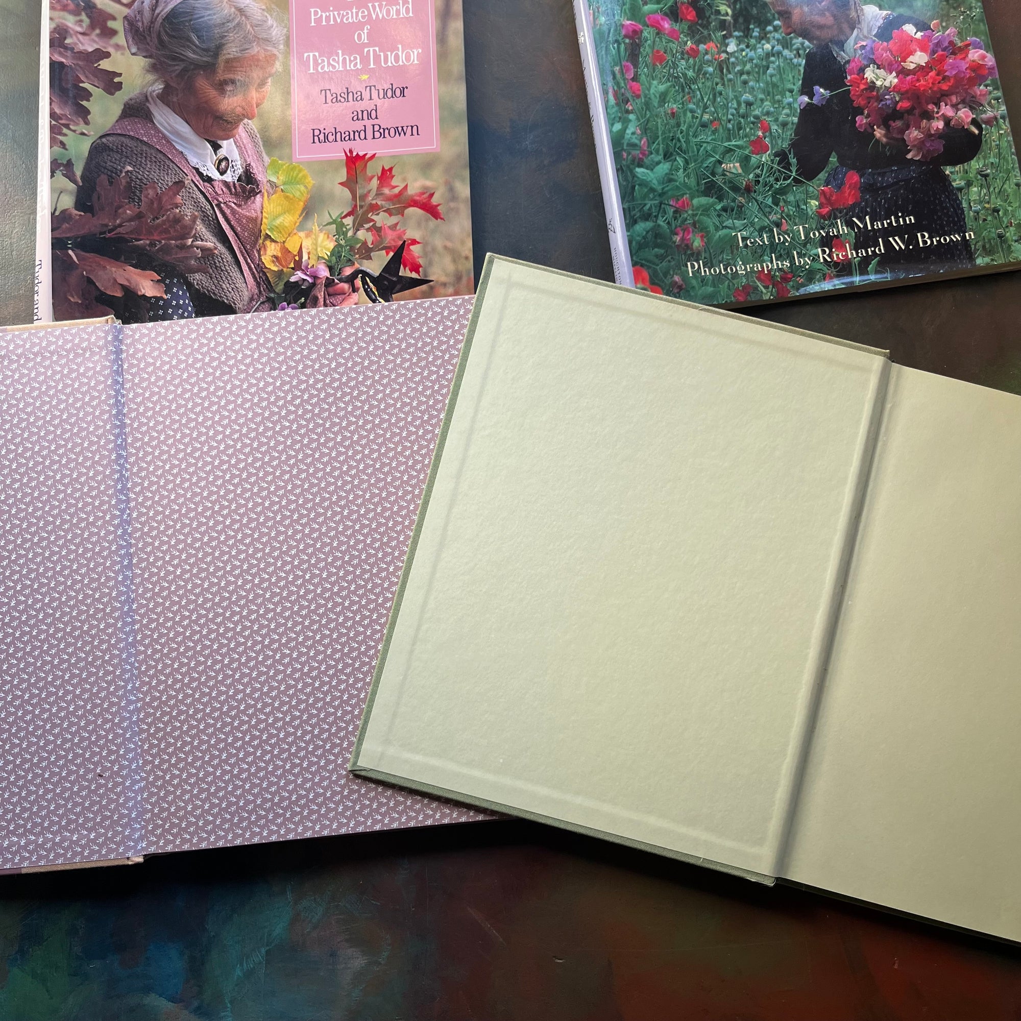 vintage gardening books-biographies of Tasha Tudor-Tasha Tudor's Garden by Tovah Martin with Photographs by Richard W. Brown-The Private World of Tasha Tudor-view of the inside covers