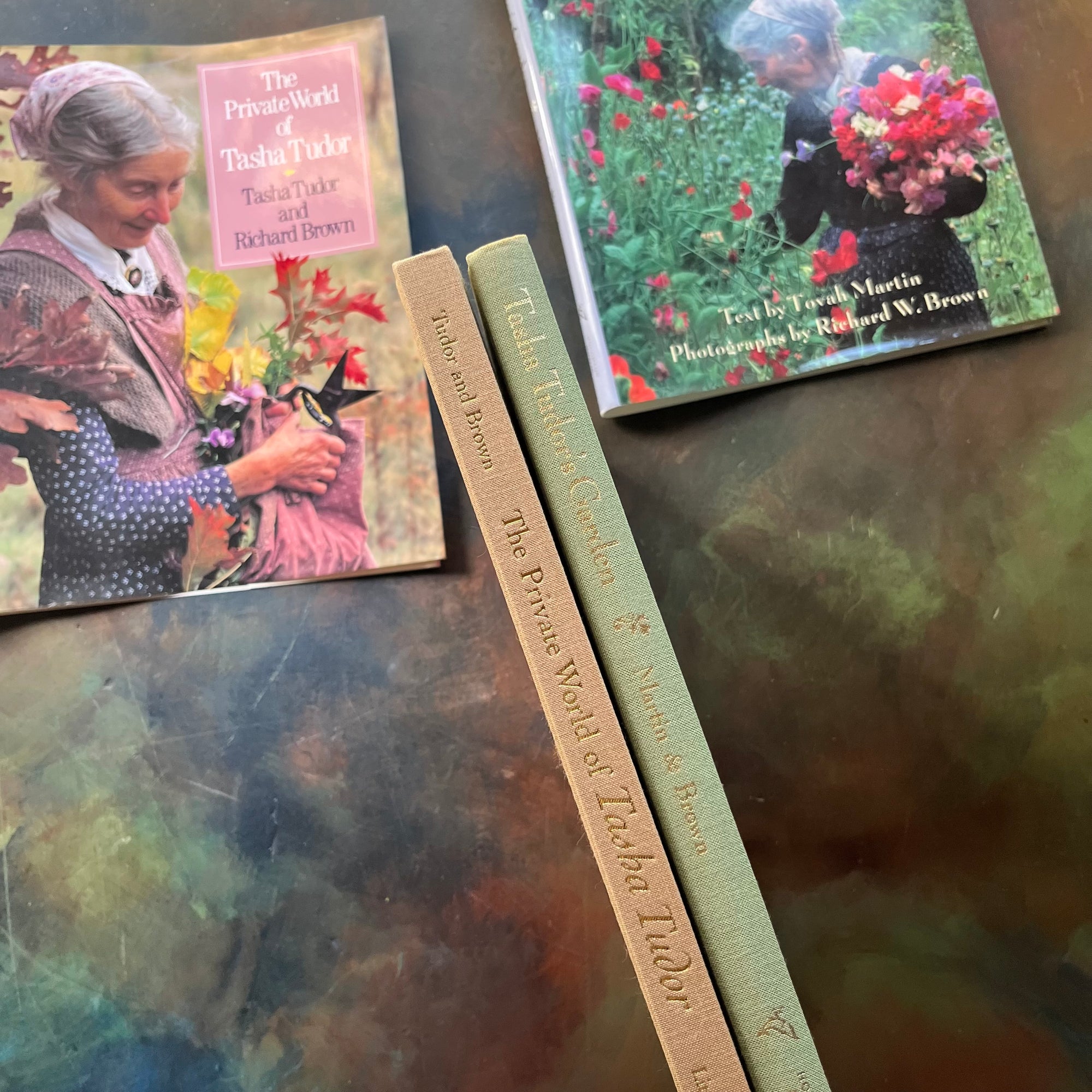 vintage gardening books-biographies of Tasha Tudor-Tasha Tudor's Garden by Tovah Martin with Photographs by Richard W. Brown-The Private World of Tasha Tudor-view of the spines