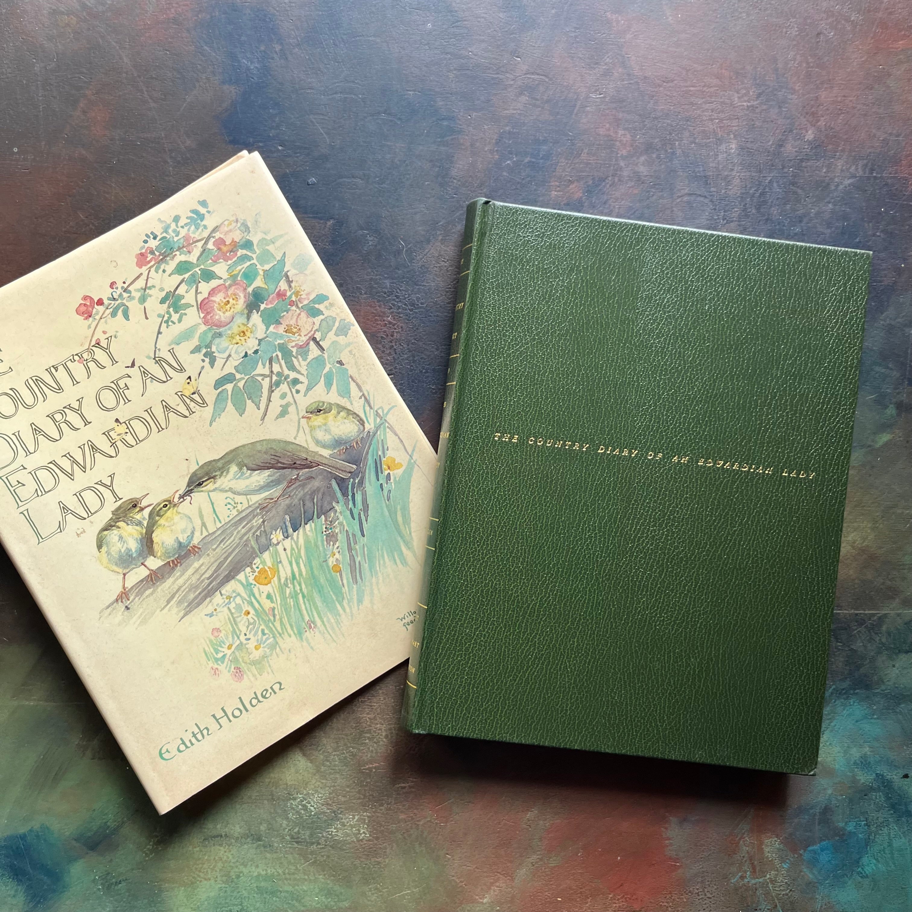 vintage nature sketchbook & diary - The Country Diary of An Edwardian Lady written & illustrated by Edith Holden-a yearlong nature study of the English Countryside from 1906-view of the front cover in dark green binding with the book title in gold leaf in the middle of the book cover