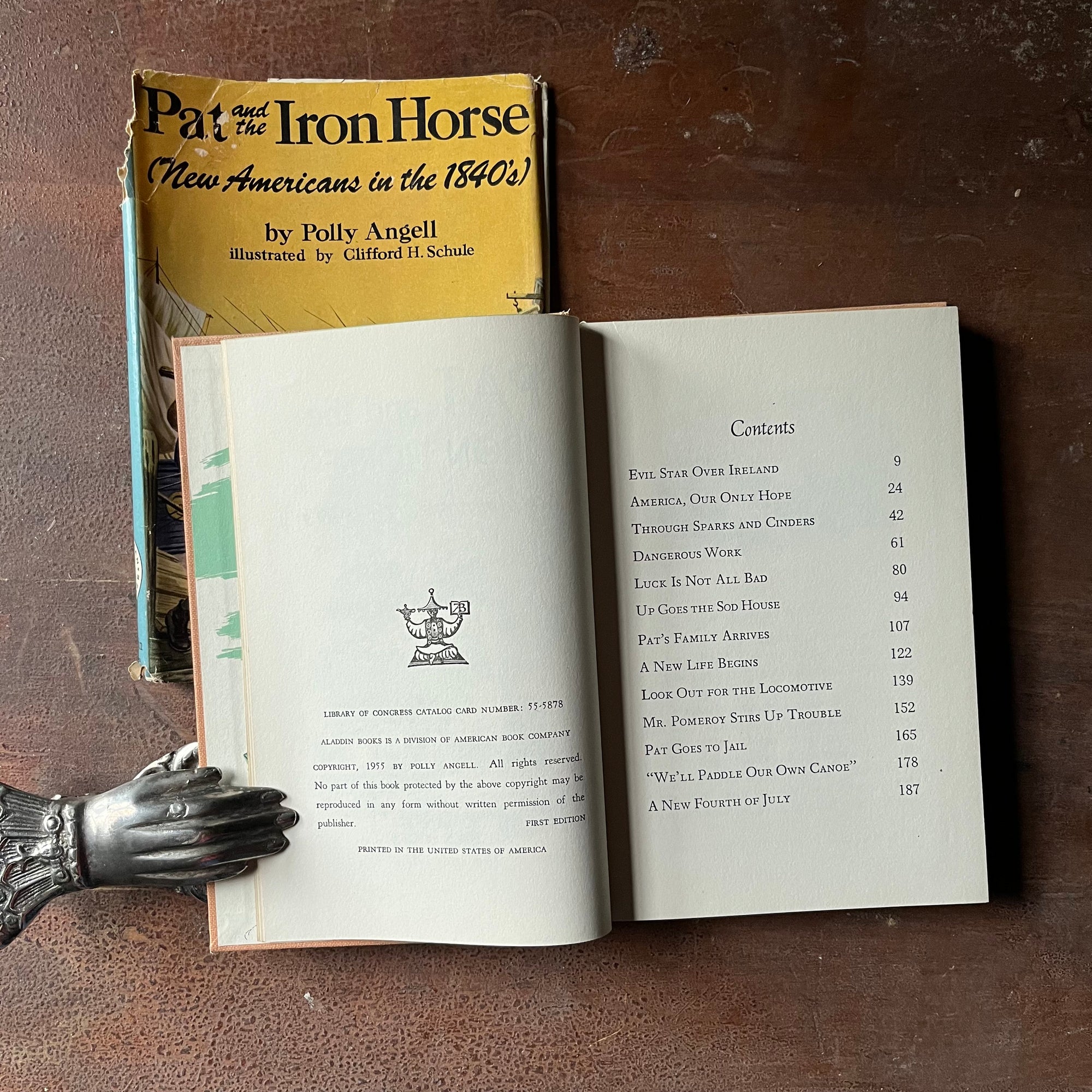 Log Cabin Vintage – vintage children’s book, children’s book, chapter book, American Heritage Series – Pat and the Iron Horse New Americans in the 1840's written by Polly Angell with illustrations by Clifford J. Schule - view of the copyright and content pages