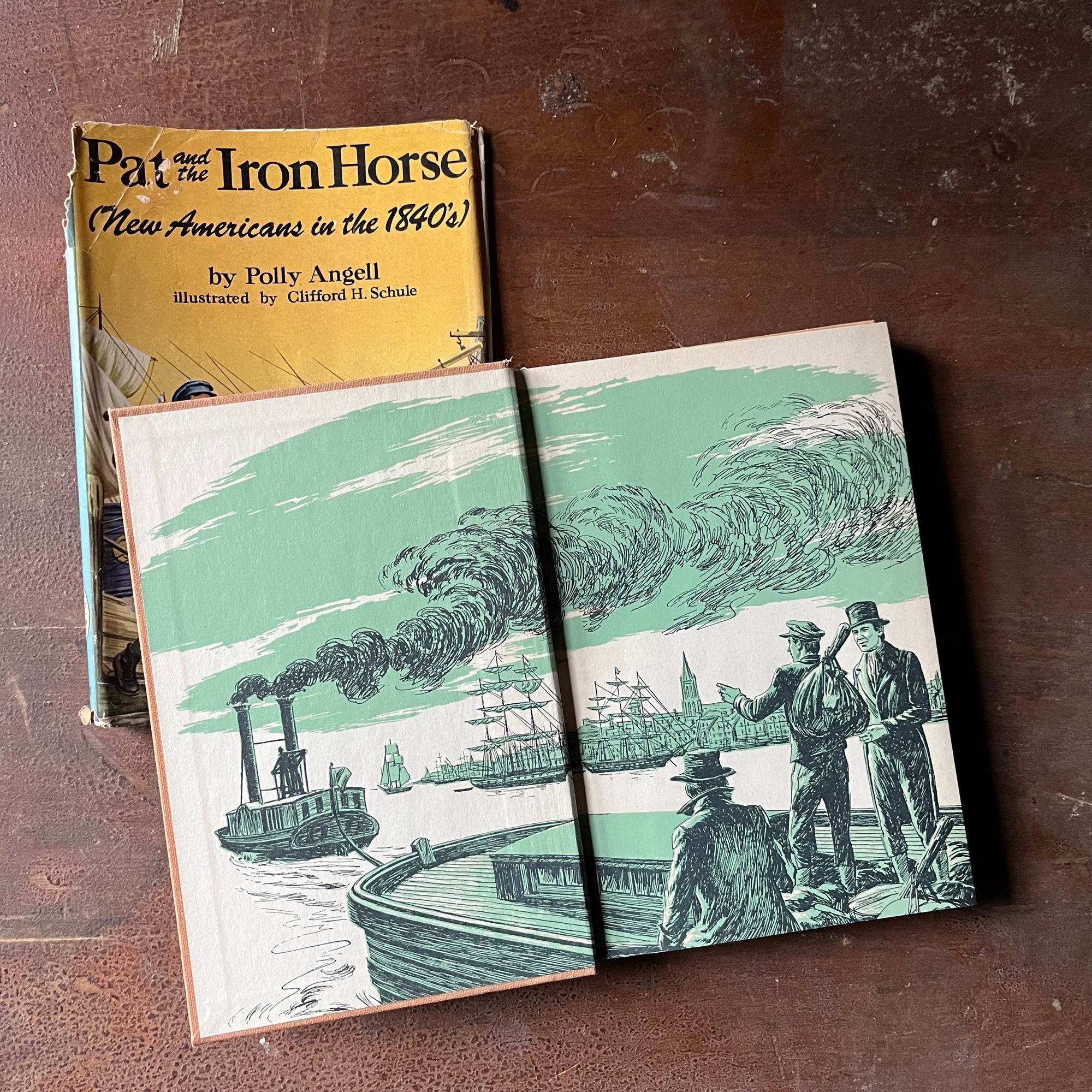 Log Cabin Vintage – vintage children’s book, children’s book, chapter book, American Heritage Series – Pat and the Iron Horse New Americans in the 1840's written by Polly Angell with illustrations by Clifford J. Schule - view of the inside cover