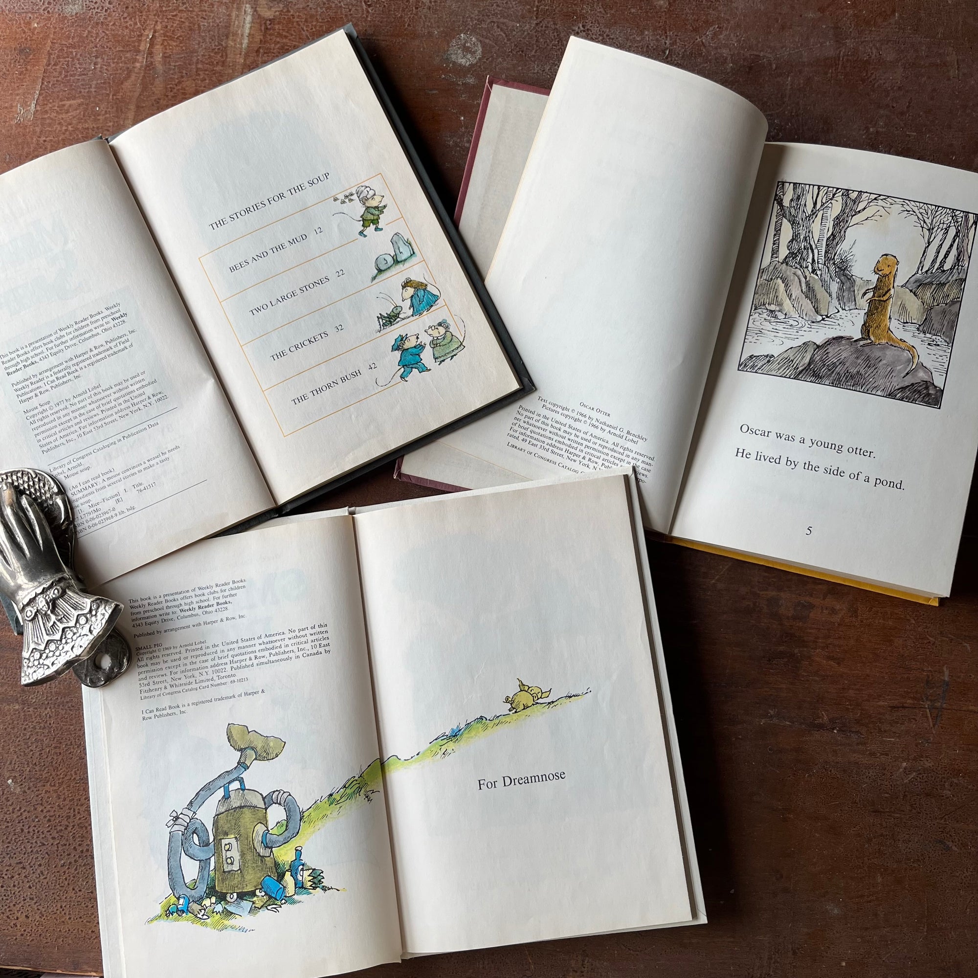Log Cabin Vintage - vintage children's books, picture books, An I Can Read Book - Set of Three Books Written and Illustrated by Arnold Lobel:  Mouse Soup, Small Pig and Oscar Otter - view of their copyright pages