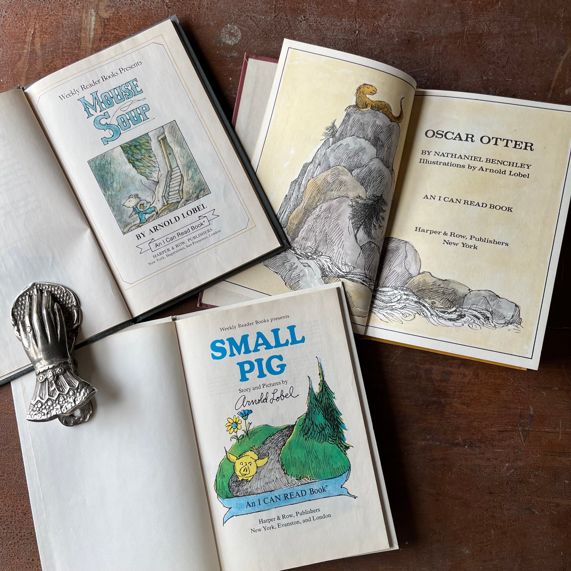 Log Cabin Vintage - vintage children's books, picture books, An I Can Read Book - Set of Three Books Written and Illustrated by Arnold Lobel:  Mouse Soup, Small Pig and Oscar Otter - view of their title pages