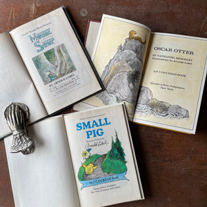 Log Cabin Vintage - vintage children's books, picture books, An I Can Read Book - Set of Three Books Written and Illustrated by Arnold Lobel:  Mouse Soup, Small Pig and Oscar Otter - view of their title pages