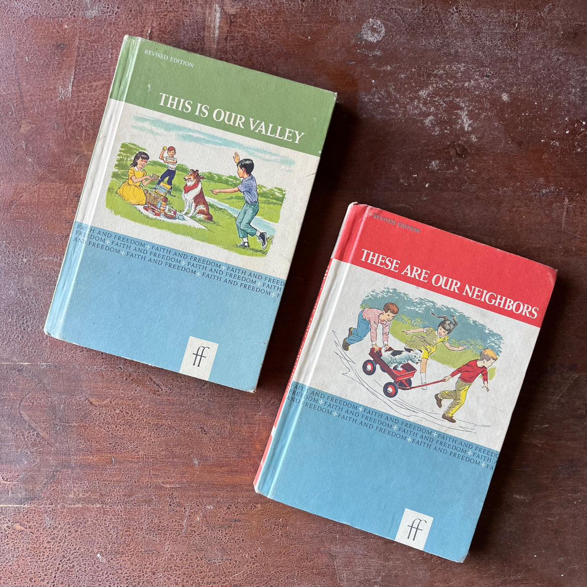 Log Cabin Vintage - vintage schoolbooks, vintage children's books, Faith and Freedom Series -These are our Neighbors & This is our Valley -published by Ginn and Company - view of the front covers