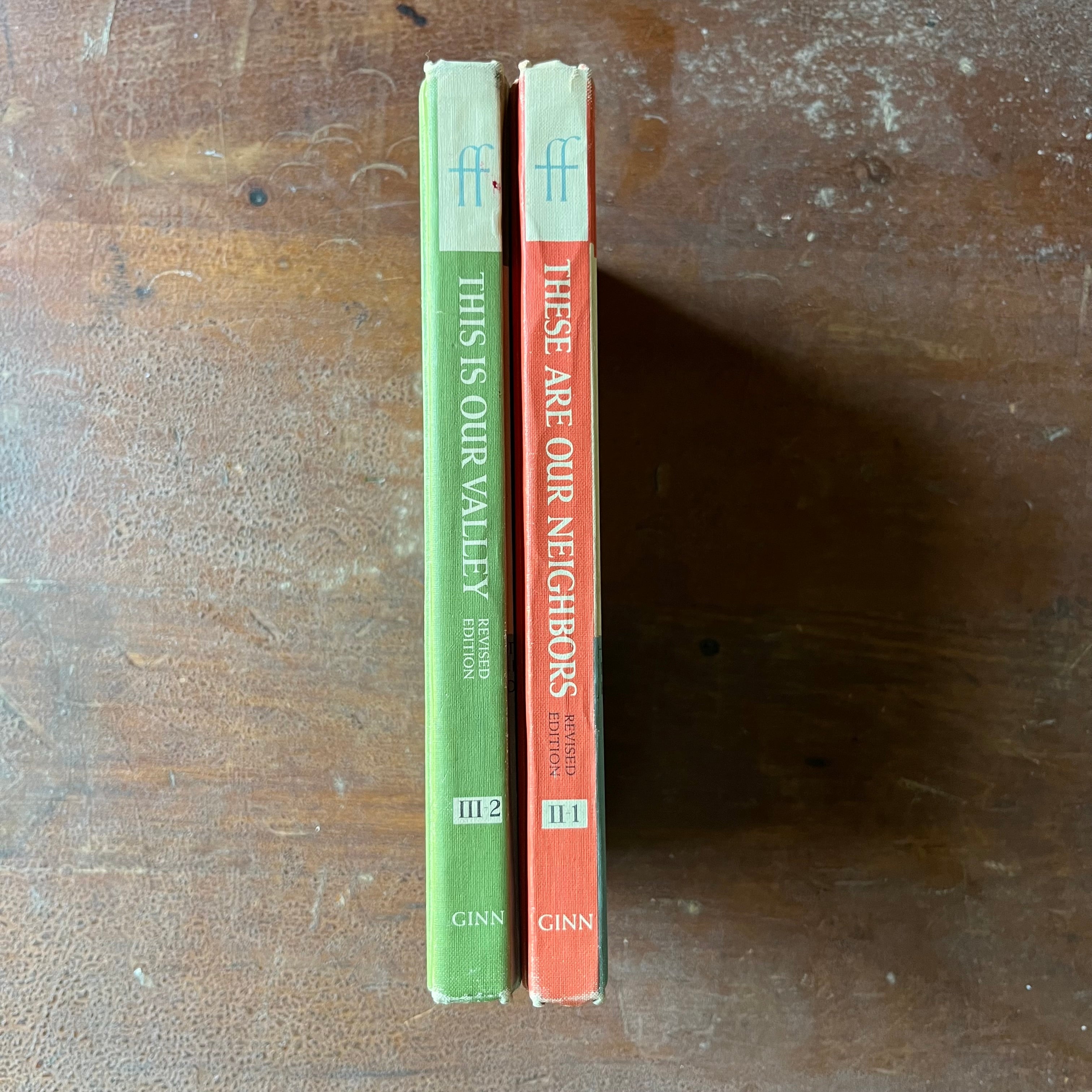 Log Cabin Vintage - vintage schoolbooks, vintage children's books, Faith and Freedom Series -These are our Neighbors & This is our Valley -published by Ginn and Company - view of the spines