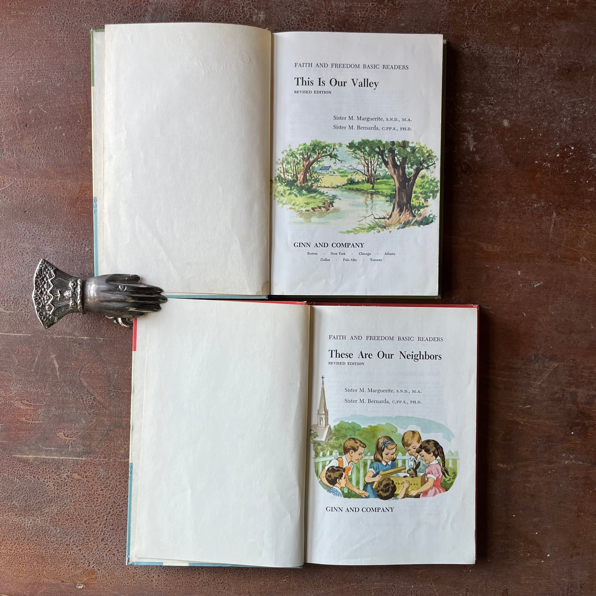 Log Cabin Vintage - vintage schoolbooks, vintage children's books, Faith and Freedom Series -These are our Neighbors & This is our Valley -published by Ginn and Company - view of the title pages