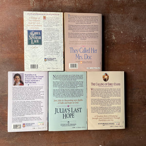Log Cabin Vintage - Christian fiction, Christian Book Series, Christian Authors, Christian Young Adult Books, Janette Oke - A Five Book Set by Janette Oke:  A Gown of Spanish Lace, They Called Her Mrs. Doc, A Bride for Donnigan, Julia's Last Hope, and The Calling of Emily Evans - view of the back covers