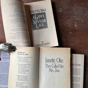 Log Cabin Vintage - Christian fiction, Christian Book Series, Christian Authors, Christian Young Adult Books, Janette Oke - A Five Book Set by Janette Oke:  A Gown of Spanish Lace, They Called Her Mrs. Doc, A Bride for Donnigan, Julia's Last Hope, and The Calling of Emily Evans - view of the title pages