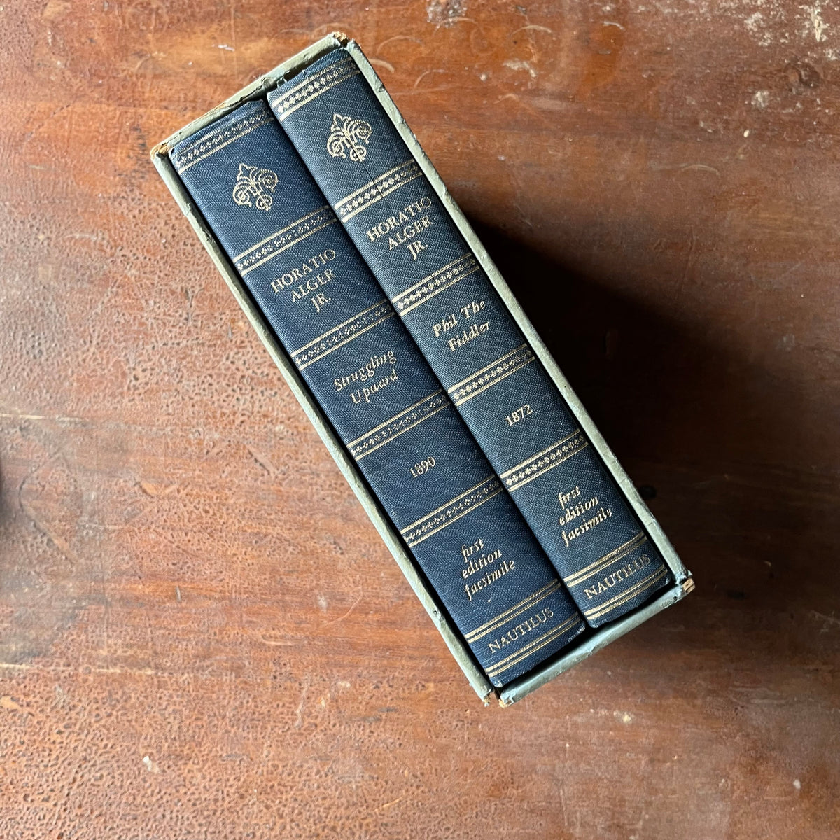Log Cabin Vintage - Vintage Children's Books, Children's Chapter Books, Adventure Books - Nautilus Box Set Including Struggling Upward and Phil the Fiddler by Horatio Alger, Jr. - view of the spines