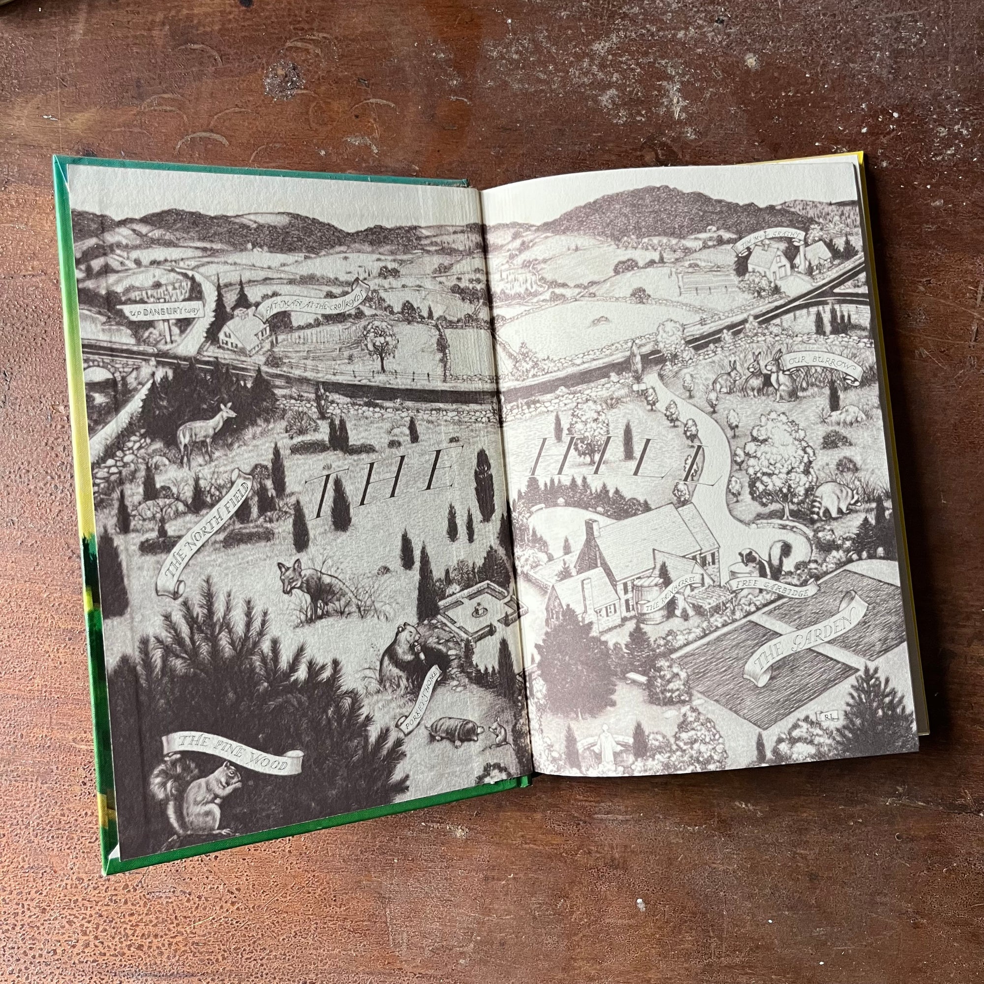 Log Cabin Vintage – vintage children’s book, children’s book, chapter book, 1944 John Newberry Medal Winner - Rabbit Hill Written and Illustrated by Robert Lawson - view of the inside cover with beautiful illustration of a map of Rabbit Hill