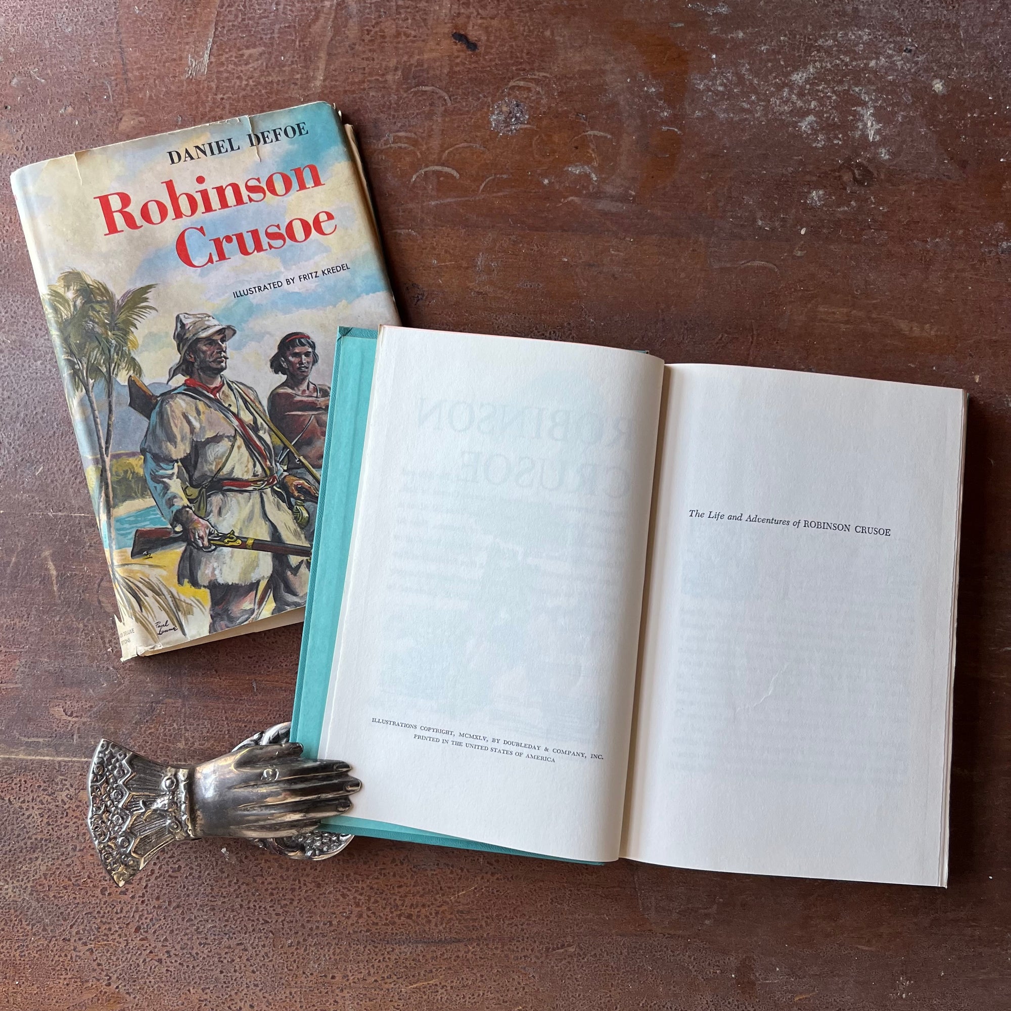 Log Cabin Vintage – vintage children’s book, children’s book, chapter books, Junior Deluxe Editions – Robinson Crusoe by Daniel DeFoe with illustrations by Fritz Kredel - view of the copyright page