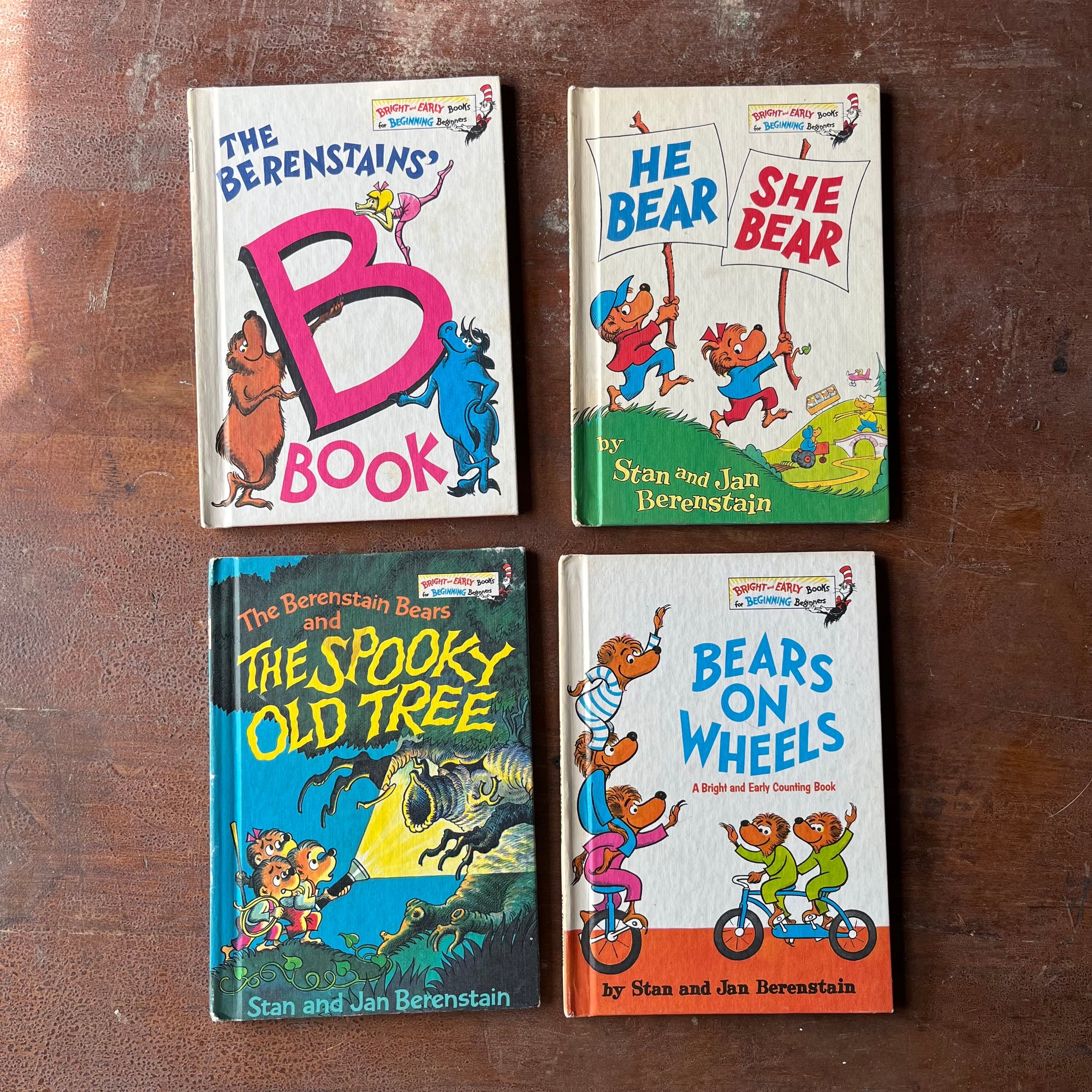 Log Cabin Vintage - vintage children's books, picture books, Bright and Early Books for Beginning Beginners, The Berenstain Bears - Set of Four Berenstain Bears Books:  The Berenstains' B Book, He Bear She Bear, The Spooky Old Tree and Bears on Wheels written and illustrates by Stan and Jan Berenstain - view of their front covers