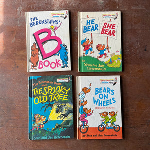 Log Cabin Vintage - vintage children's books, picture books, Bright and Early Books for Beginning Beginners, The Berenstain Bears - Set of Four Berenstain Bears Books:  The Berenstains' B Book, He Bear She Bear, The Spooky Old Tree and Bears on Wheels written and illustrates by Stan and Jan Berenstain - view of their front covers