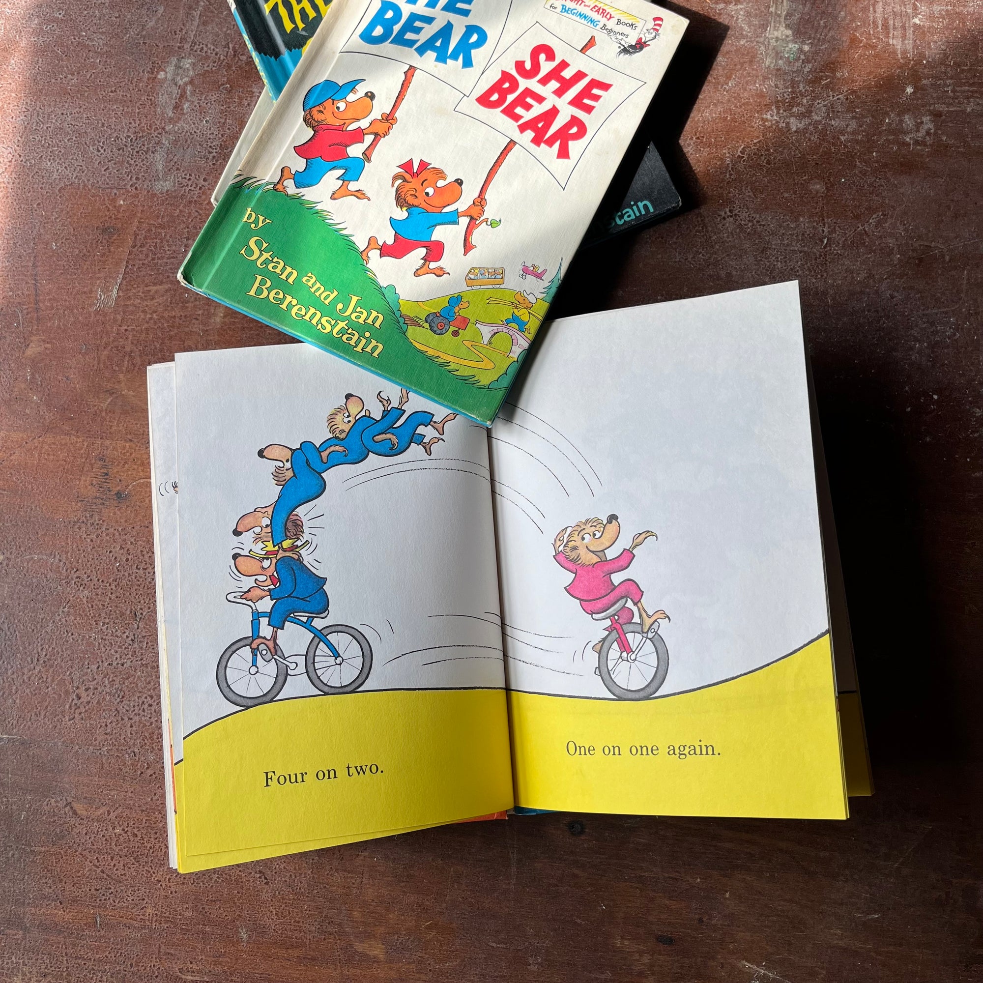 Log Cabin Vintage - vintage children's books, picture books, Bright and Early Books for Beginning Beginners, The Berenstain Bears - Set of Four Berenstain Bears Books:  The Berenstains' B Book, He Bear She Bear, The Spooky Old Tree and Bears on Wheels written and illustrates by Stan and Jan Berenstain - view of their illustrations
