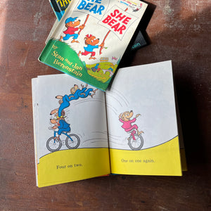Log Cabin Vintage - vintage children's books, picture books, Bright and Early Books for Beginning Beginners, The Berenstain Bears - Set of Four Berenstain Bears Books:  The Berenstains' B Book, He Bear She Bear, The Spooky Old Tree and Bears on Wheels written and illustrates by Stan and Jan Berenstain - view of their illustrations