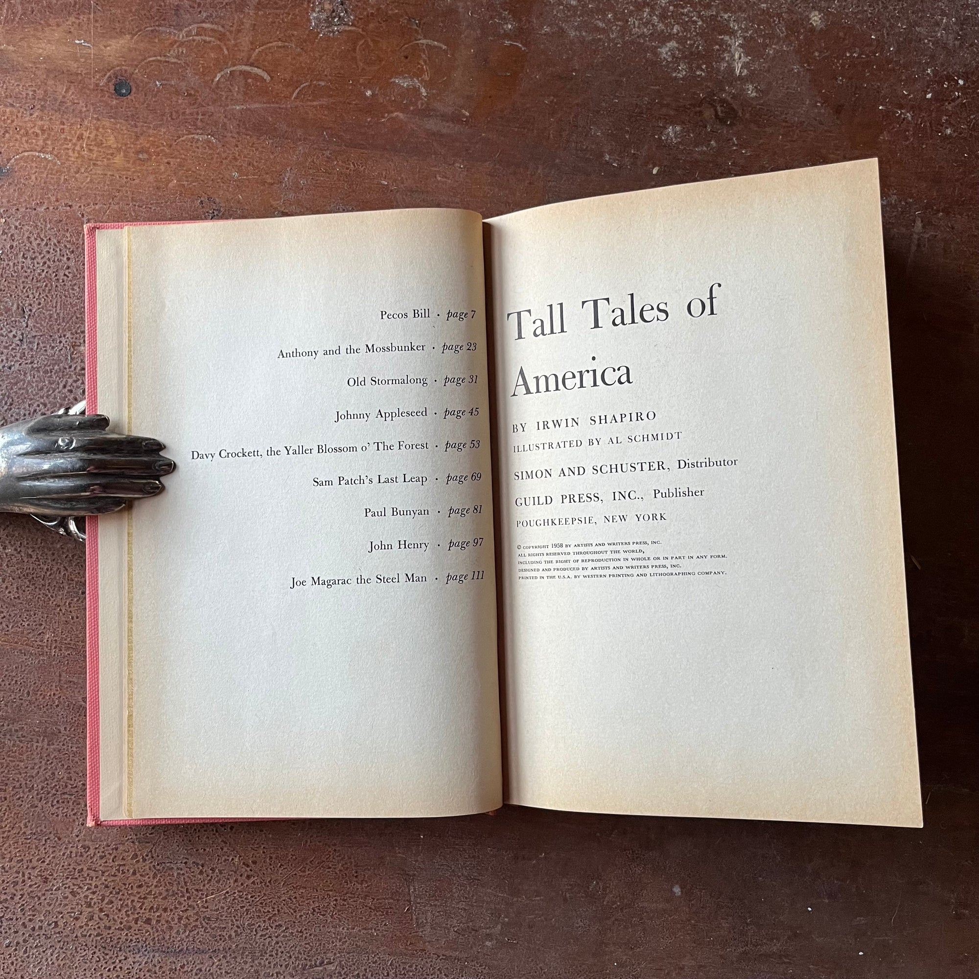 Log Cabin Vintage - vintage children's book, vintage living history book, living history, American history - Tall Tales of America by Irwin Shapiro with illustrations by Al Schmidt - view of the title page & Contents