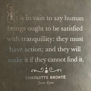 Jane Eyre Written by Charlotte Bront-2016 Barnes & Noble Leatherbound Edition-classic English literature-view of a closeup of the quote on the back of the book